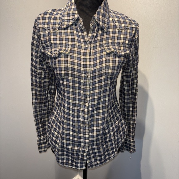 Old Navy Tops - Old‎ Navy Pearl Snap Button Down Shirt Navy Plaid Women's M Preppy Outdoor Y2K